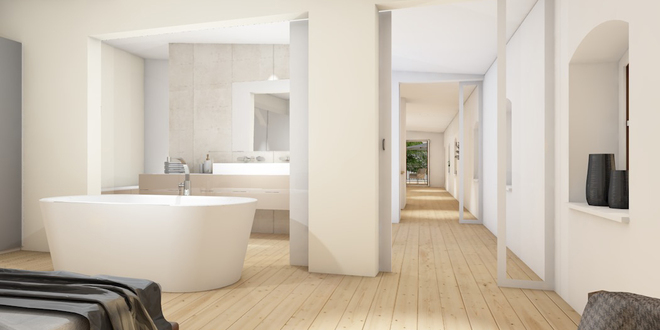 Umbau Stall Stallgebäude, Bad und Schlafzimmer, Raumerlebnis, lichtdurchflutet, Raumfluss, Rau Architekten